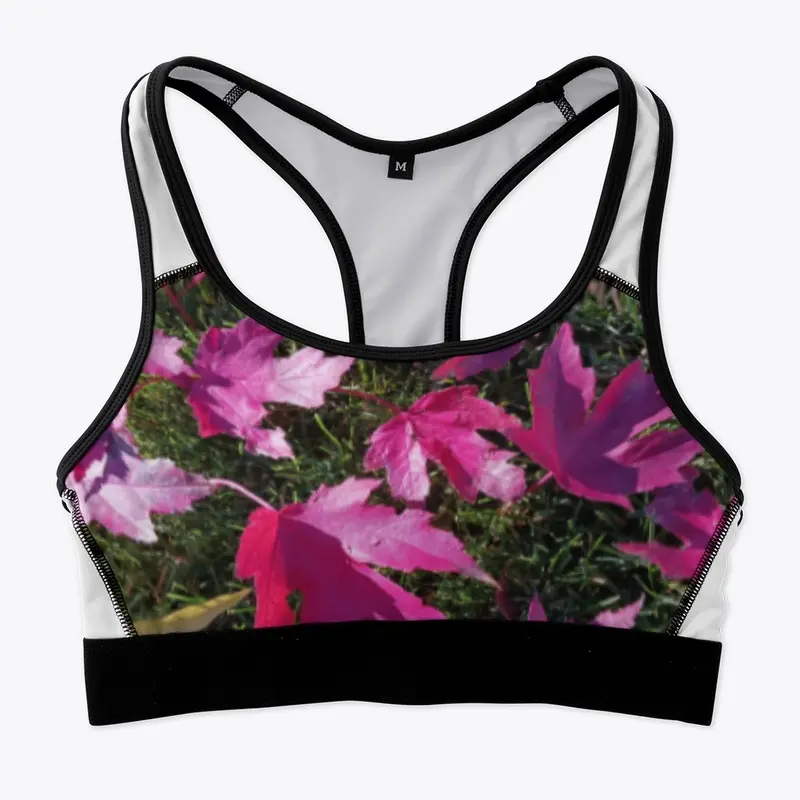 All-Over Print Sports Bra: Pink Leafs.